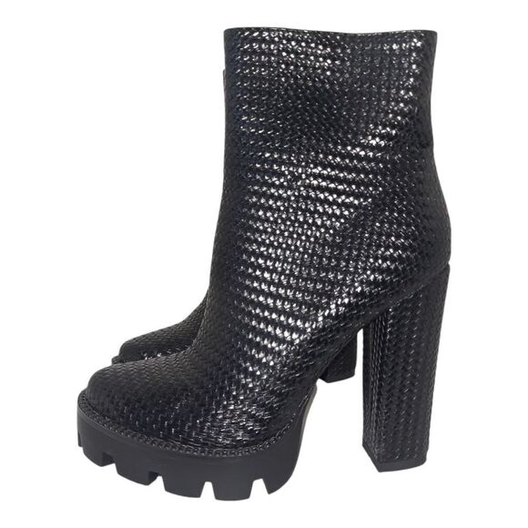 London Rag Black Weave Textured Chunky Heelef Boots - Picture 1 of 3